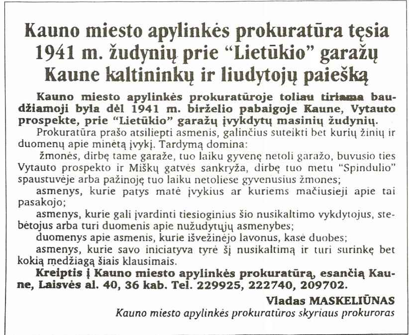 Kauno diena Anzeige Garagenmorde Lietukis Massaker Zeugensuche
